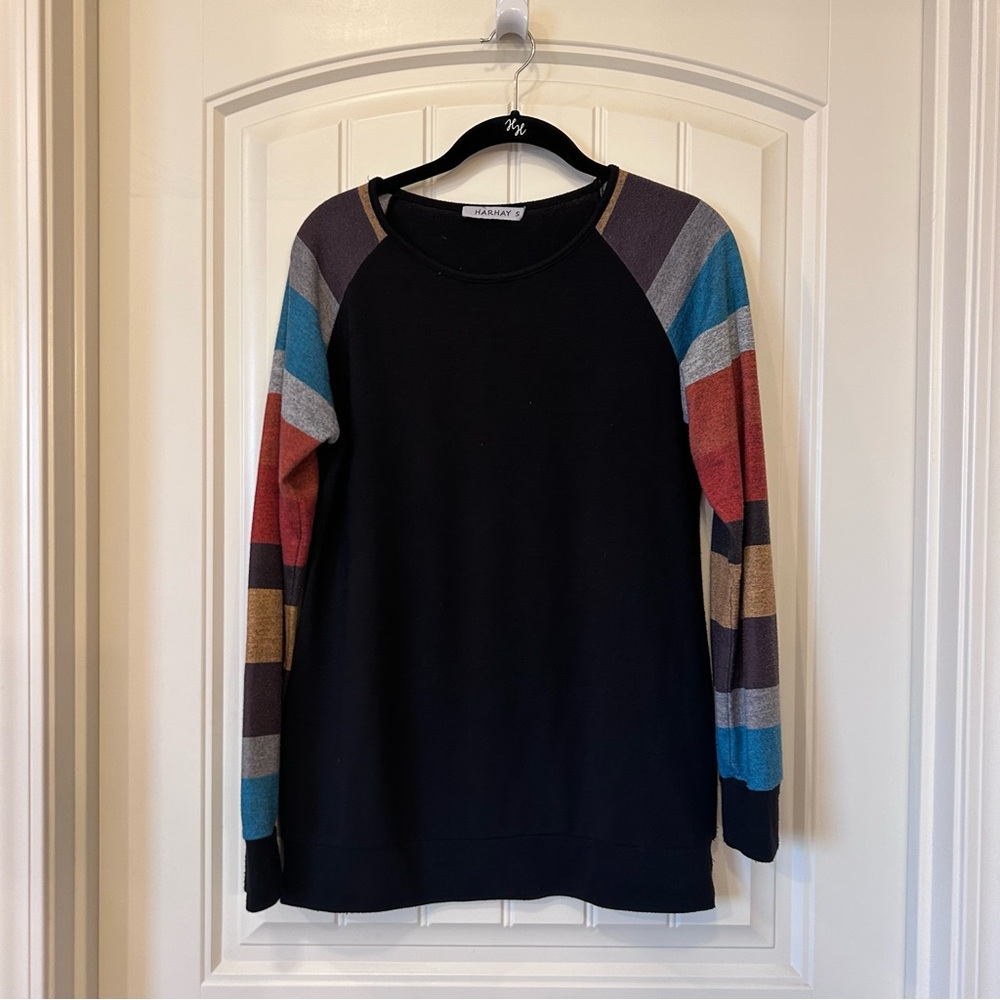 Black with colorful striped sleeve tunic sweater